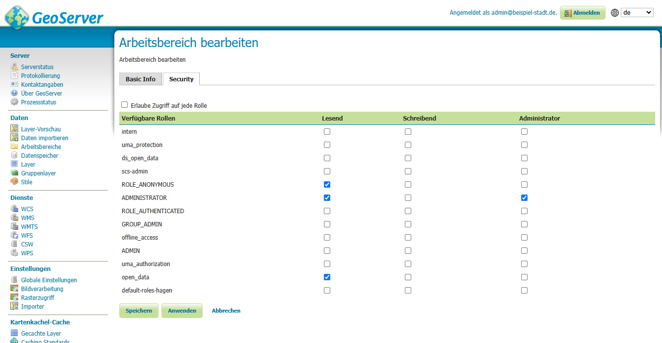 Sicherheitseinstellungen eines GeoServer-Workspaces mit Rollen und Lese-, Schreib- sowie Administrationsrechten