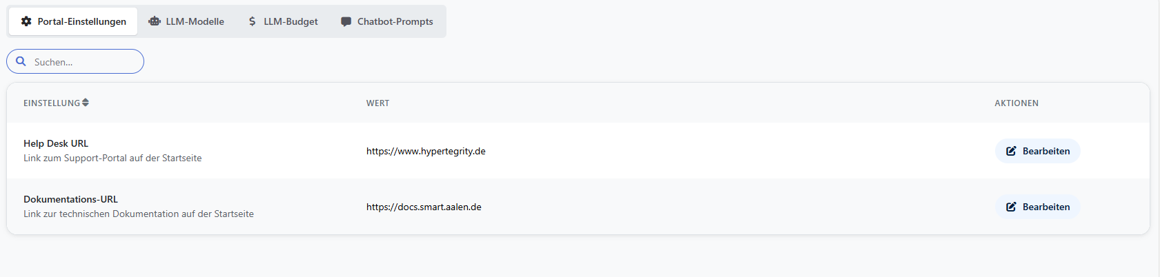 Portal-Einstellungen in HYPERSENSUS mit Helpdesk- und Dokumentations-URL