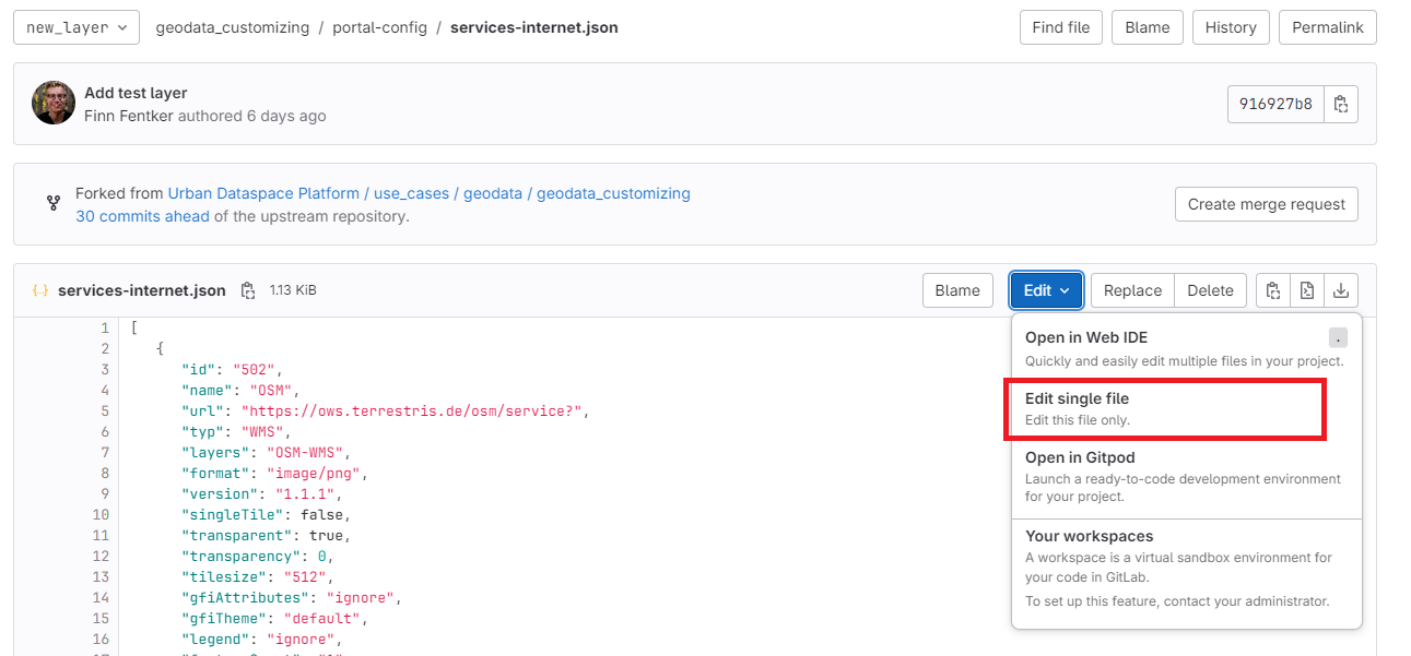 Bearbeitung einer Masterportal-Servicekonfiguration in GitLab