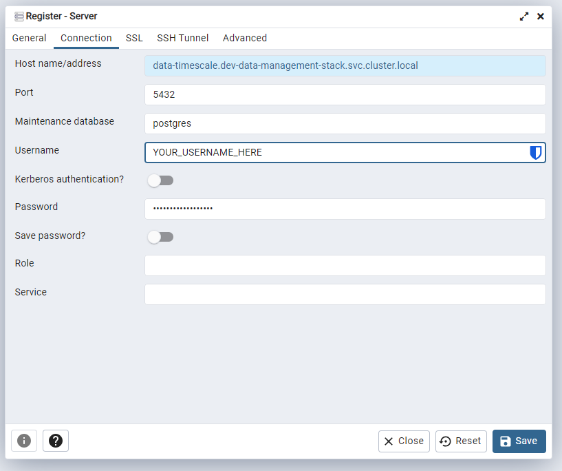 Dialog zum Registrieren eines PostgreSQL-Servers in pgAdmin