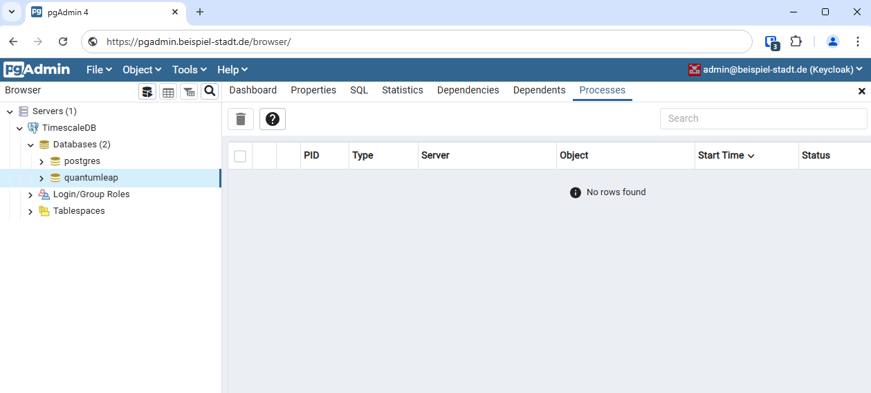 pgAdmin-Browser mit registrierter TimescaleDB-Verbindung